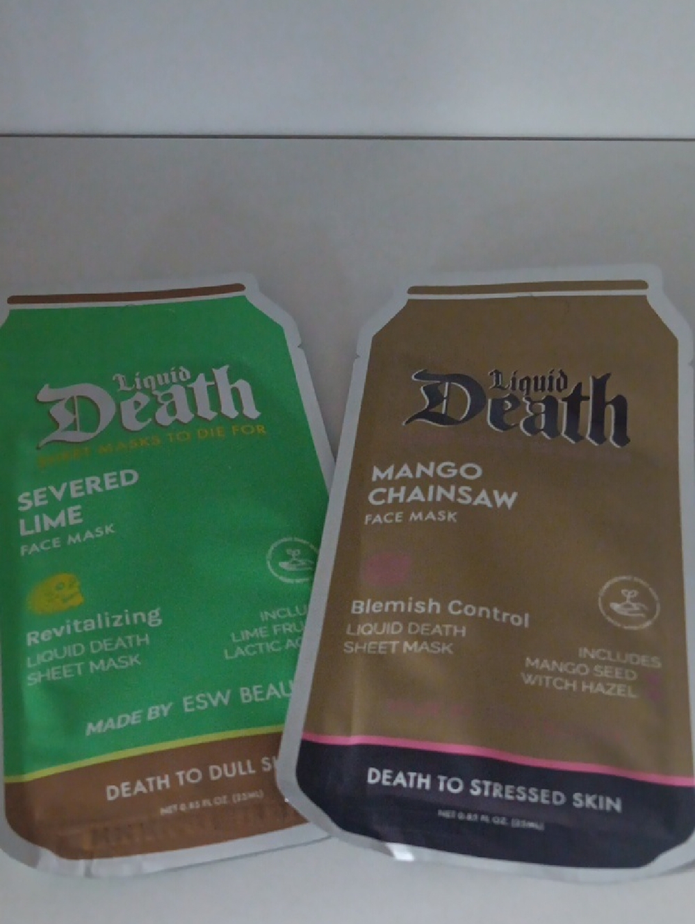 Liquid Death Mango Chainsaw & Severed Lime Face Masks - Green & Gold New